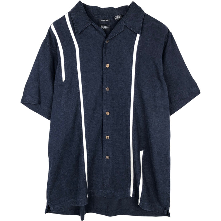 HAGGAR Washable Linen Short-Sleeve Open-Collar Rayon x Linen Box Shirt (Men's XL equivalent) linen navy blue type Vintage Second Hand