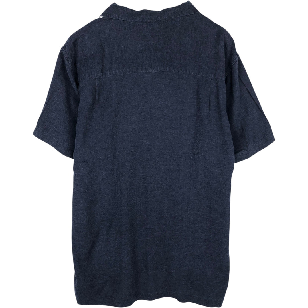 HAGGAR Washable Linen Short-Sleeve Open-Collar Rayon x Linen Box Shirt (Men's XL equivalent) linen navy blue type Vintage Second Hand