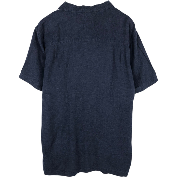 HAGGAR Washable Linen Short-Sleeve Open-Collar Rayon x Linen Box Shirt (Men's XL equivalent) linen navy blue type Vintage Second Hand