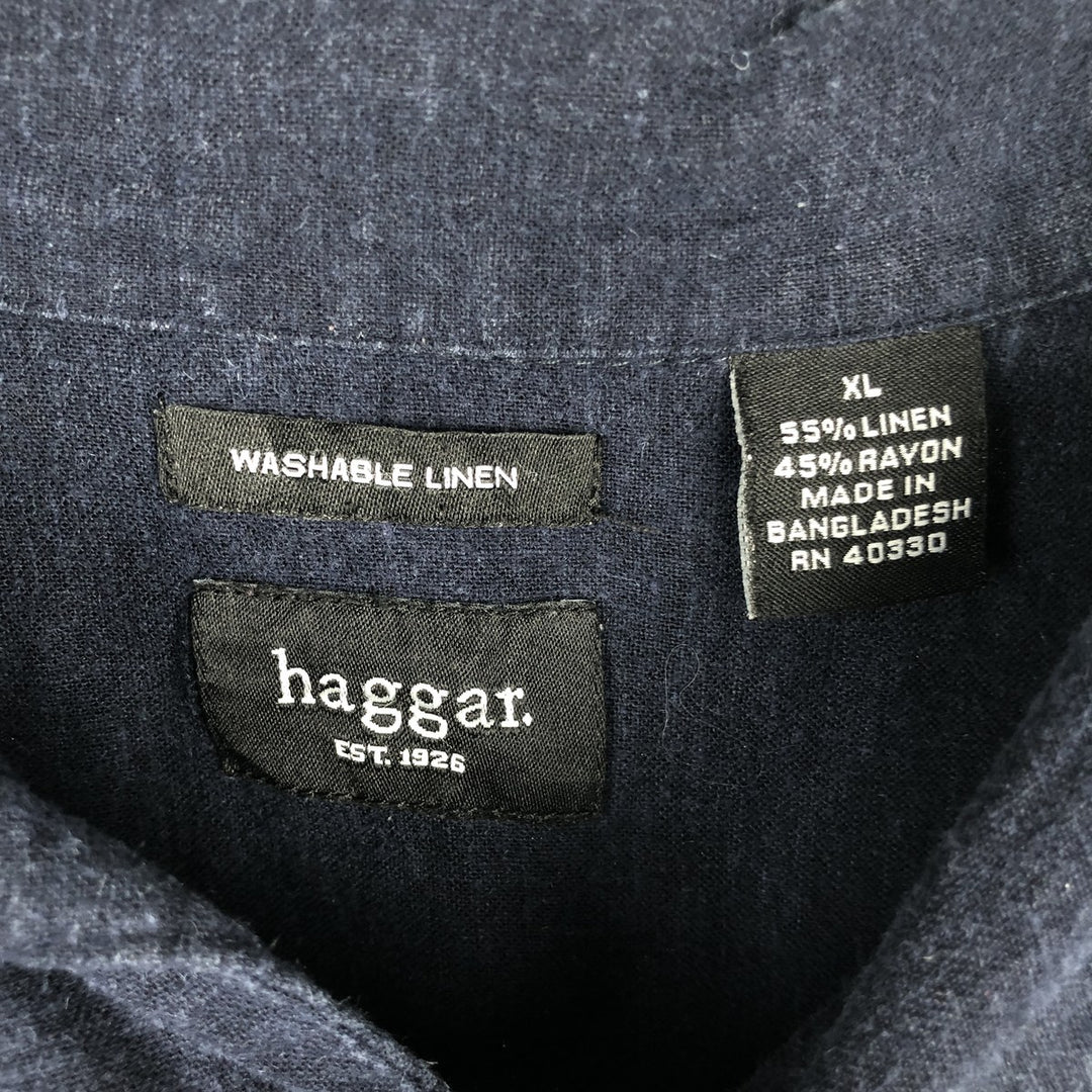 HAGGAR Washable Linen Short-Sleeve Open-Collar Rayon x Linen Box Shirt (Men's XL equivalent) linen navy blue type Vintage Second Hand