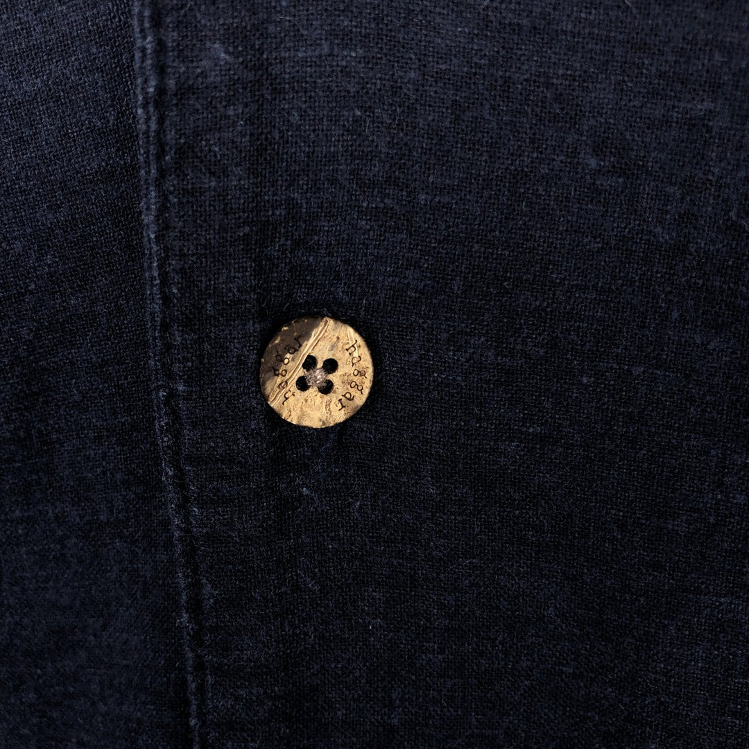 HAGGAR Washable Linen Short-Sleeve Open-Collar Rayon x Linen Box Shirt (Men's XL equivalent) linen navy blue type Vintage Second Hand