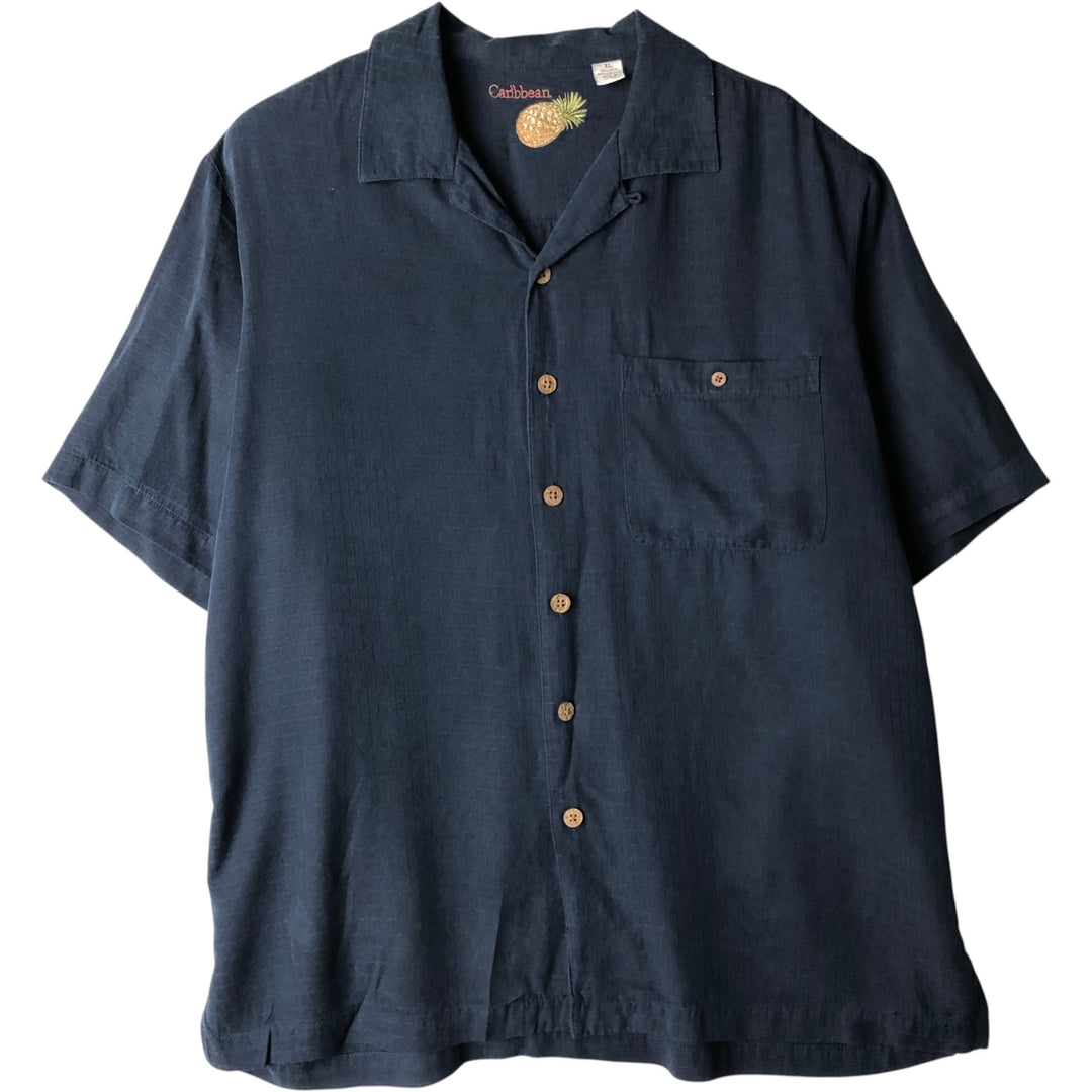 Caribbean short sleeve open collar silk shirt box shirt men's XL size silk navy blue type Vintage Second Hand