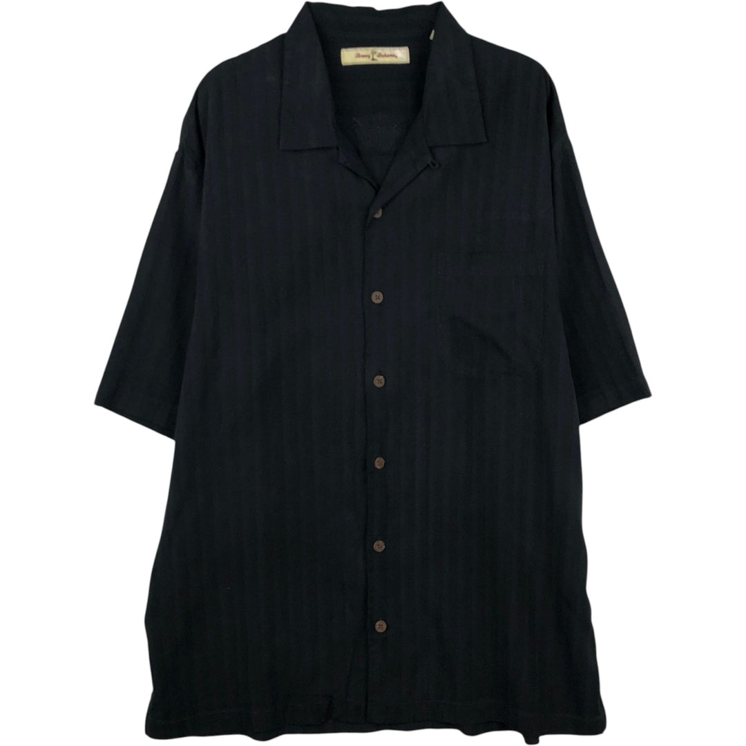 Tommy Bahama Stripe Pattern Short-Sleeve Open Collar Silk Shirt, Boxy Fit, Men's Size L (approx.) silk black type Vintage Second Hand