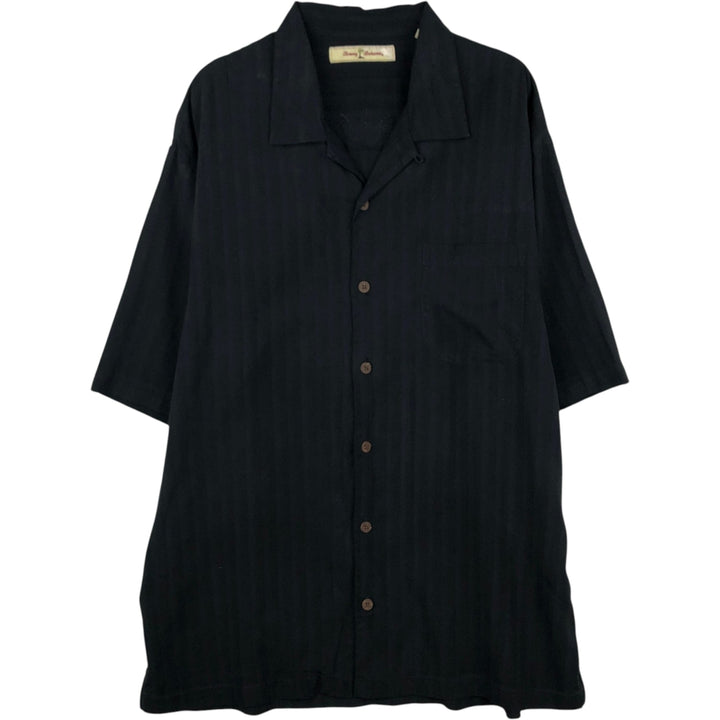 Tommy Bahama Stripe Pattern Short-Sleeve Open Collar Silk Shirt, Boxy Fit, Men's Size L (approx.) silk black type Vintage Second Hand