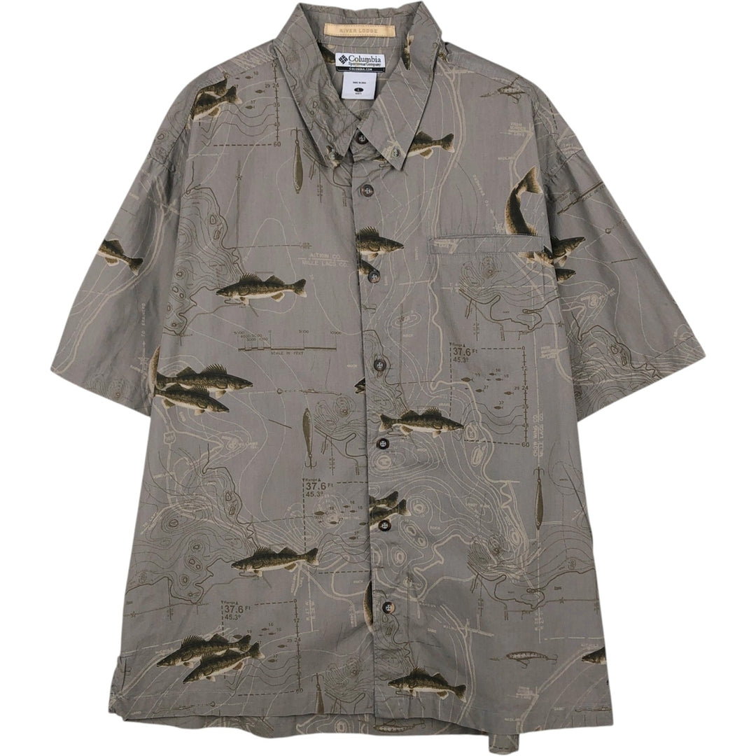 2000'S Columbia RIVER LODGE all-over fish print short-sleeved button-down shirt, boxy style, men's size L (approx.) cotton Khaki type beige Vintage Second Hand