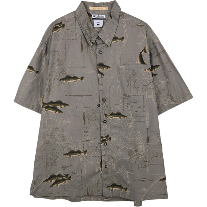 2000'S Columbia RIVER LODGE all-over fish print short-sleeved button-down shirt, boxy style, men's size L (approx.) cotton Khaki type beige Vintage Second Hand