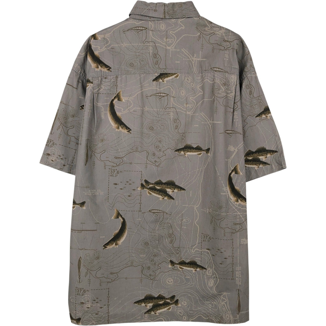2000'S Columbia RIVER LODGE all-over fish print short-sleeved button-down shirt, boxy style, men's size L (approx.) cotton Khaki type beige Vintage Second Hand