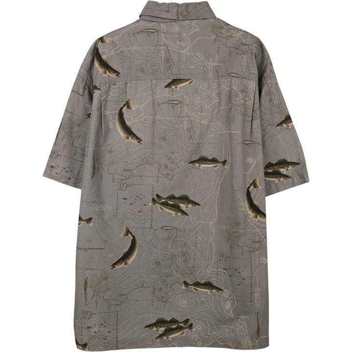 2000'S Columbia RIVER LODGE all-over fish print short-sleeved button-down shirt, boxy style, men's size L (approx.) cotton Khaki type beige Vintage Second Hand