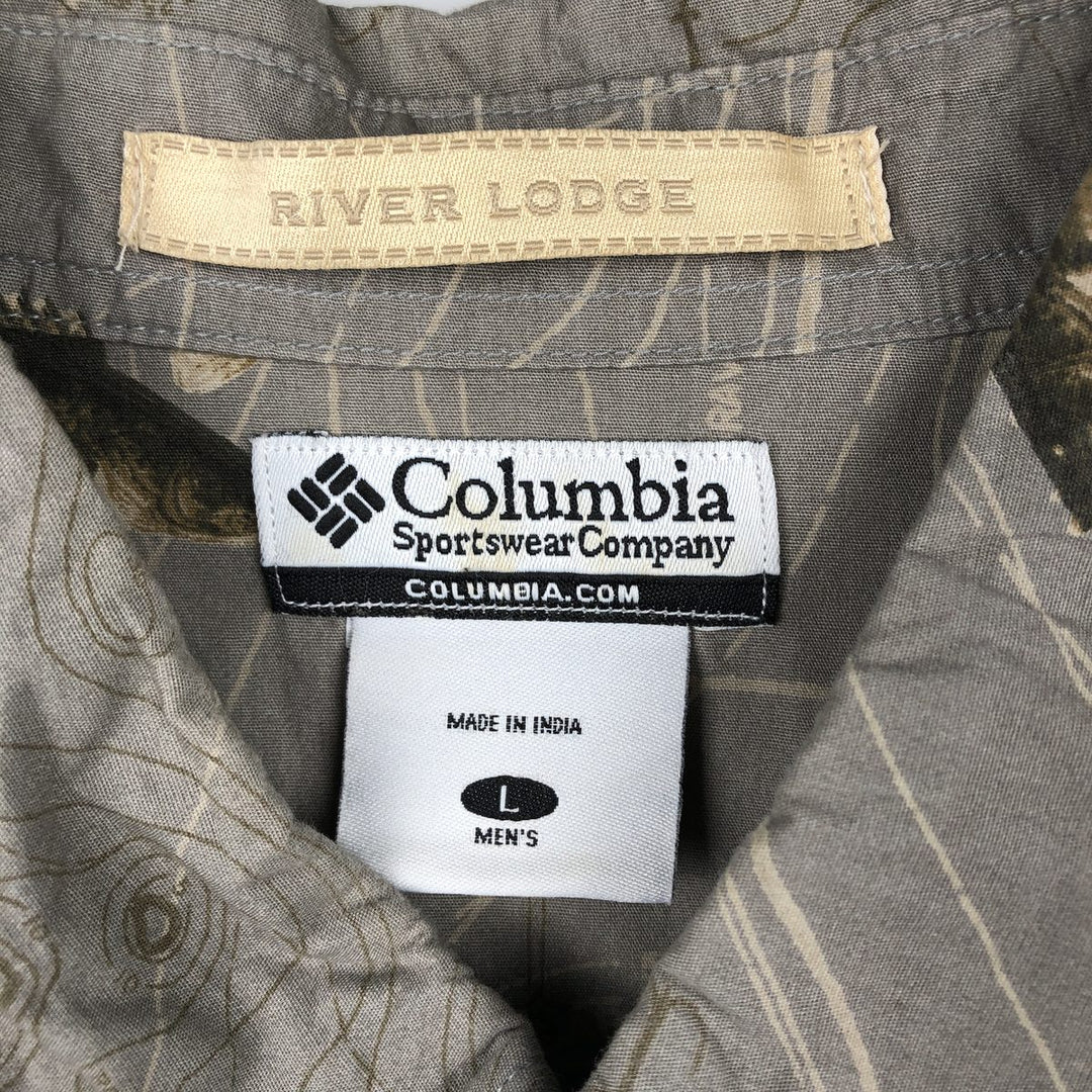 2000'S Columbia RIVER LODGE all-over fish print short-sleeved button-down shirt, boxy style, men's size L (approx.) cotton Khaki type beige Vintage Second Hand