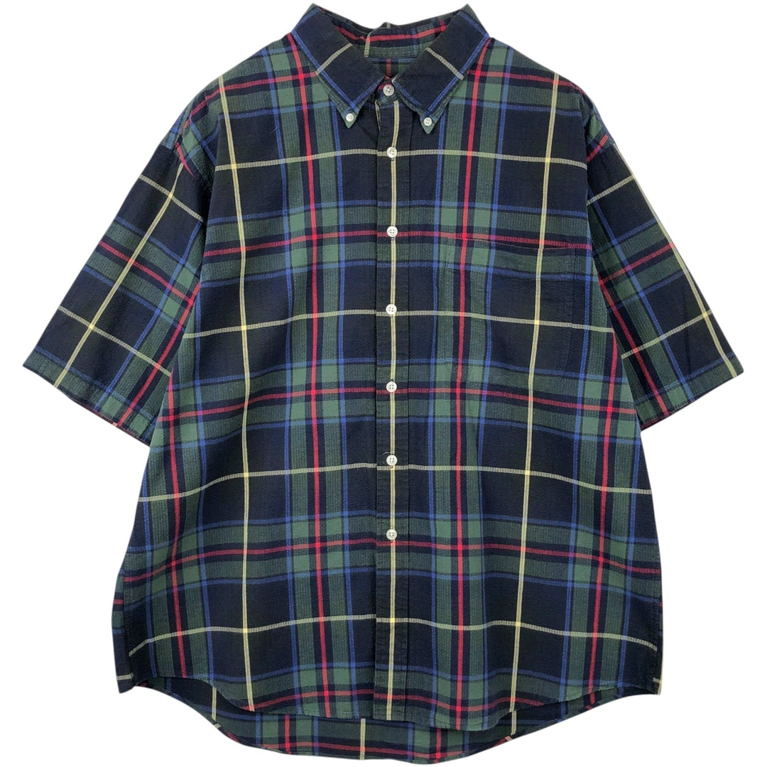 2000'S Lands' End Short-Sleeve Button-Down Check Shirt, Men's Size XL (approx.) cotton navy blue type Vintage Second Hand