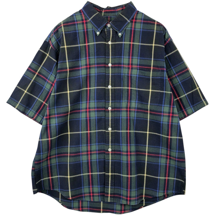 2000'S Lands' End Short-Sleeve Button-Down Check Shirt, Men's Size XL (approx.) cotton navy blue type Vintage Second Hand