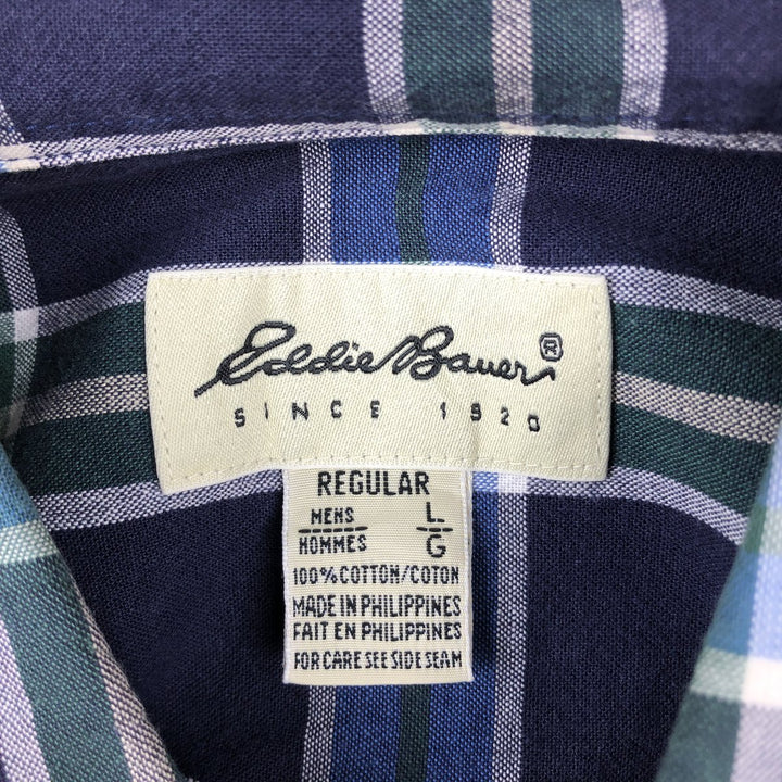 90s-00'S Eddie Bauer Short-Sleeve Button-Down Check Shirt, Men's Size L (Equivalent), Vintage cotton blue type Vintage Second Hand
