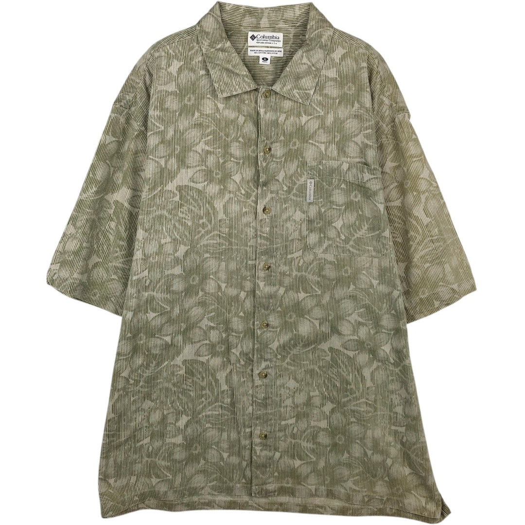 90'S Columbia all-over floral print wide collar short-sleeved cotton shirt, boxy shirt, men's size XL equivalent, vintage. cotton Khaki type sage green Vintage Second Hand