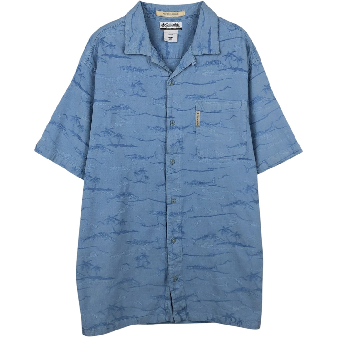 2000'S Columbia RIVER LODGE all-over fish print short-sleeved open-collar cotton shirt, boxy fit, men's size XL equivalent. cotton Blue type light blue Vintage Second Hand