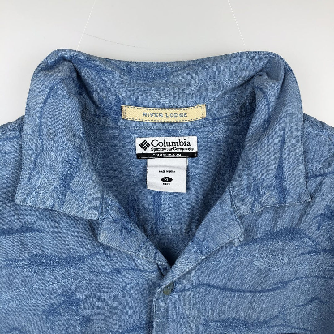 2000'S Columbia RIVER LODGE all-over fish print short-sleeved open-collar cotton shirt, boxy fit, men's size XL equivalent. cotton Blue type light blue Vintage Second Hand