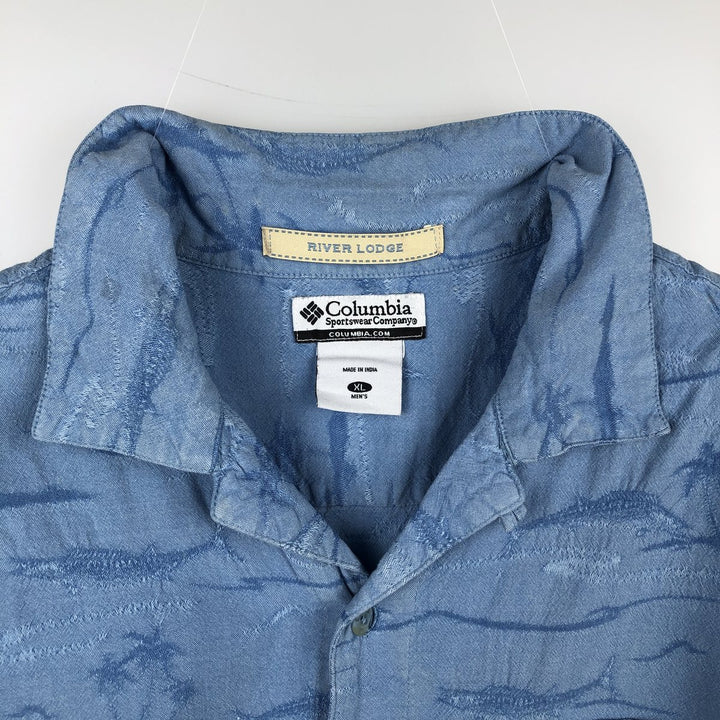 2000'S Columbia RIVER LODGE all-over fish print short-sleeved open-collar cotton shirt, boxy fit, men's size XL equivalent. cotton Blue type light blue Vintage Second Hand