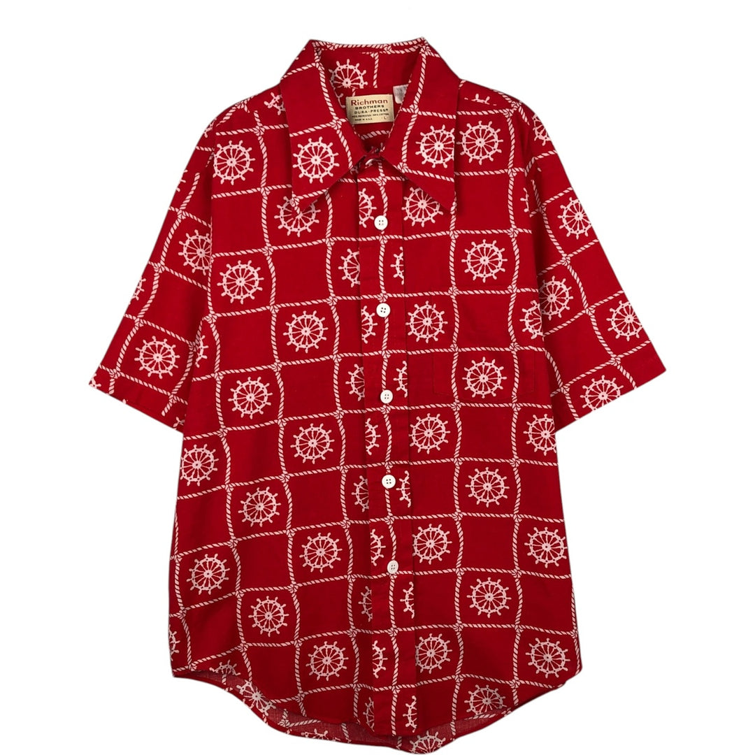 70'S RICHMAN BROTHERS all-over print short-sleeved polyester/cotton shirt, made in USA, men's size L equivalent, vintage. cotton red type Vintage Second Hand