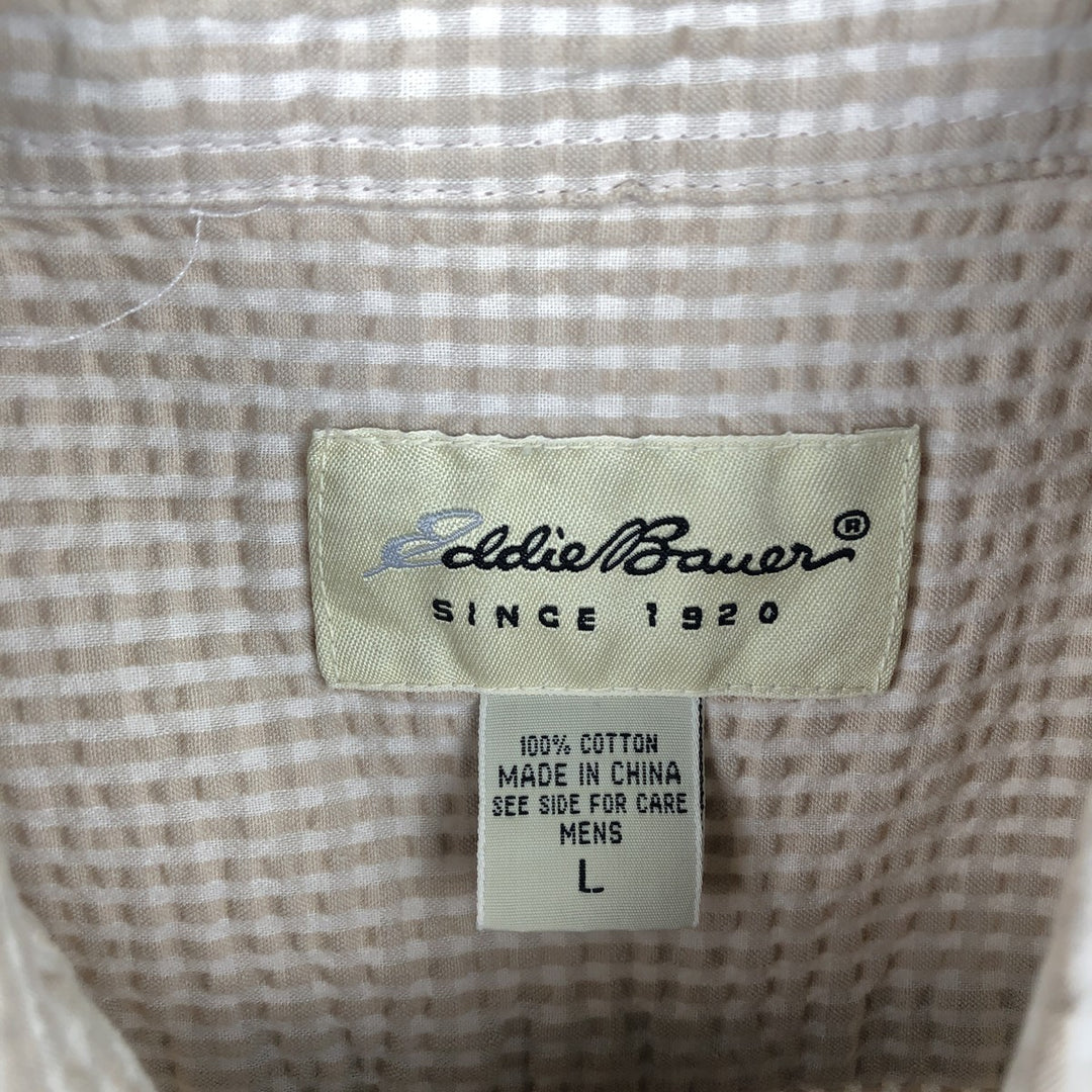 Eddie Bauer Seersucker Short Sleeve Button-Down Striped Shirt, Men's Size L cotton Beige type Vintage Second Hand