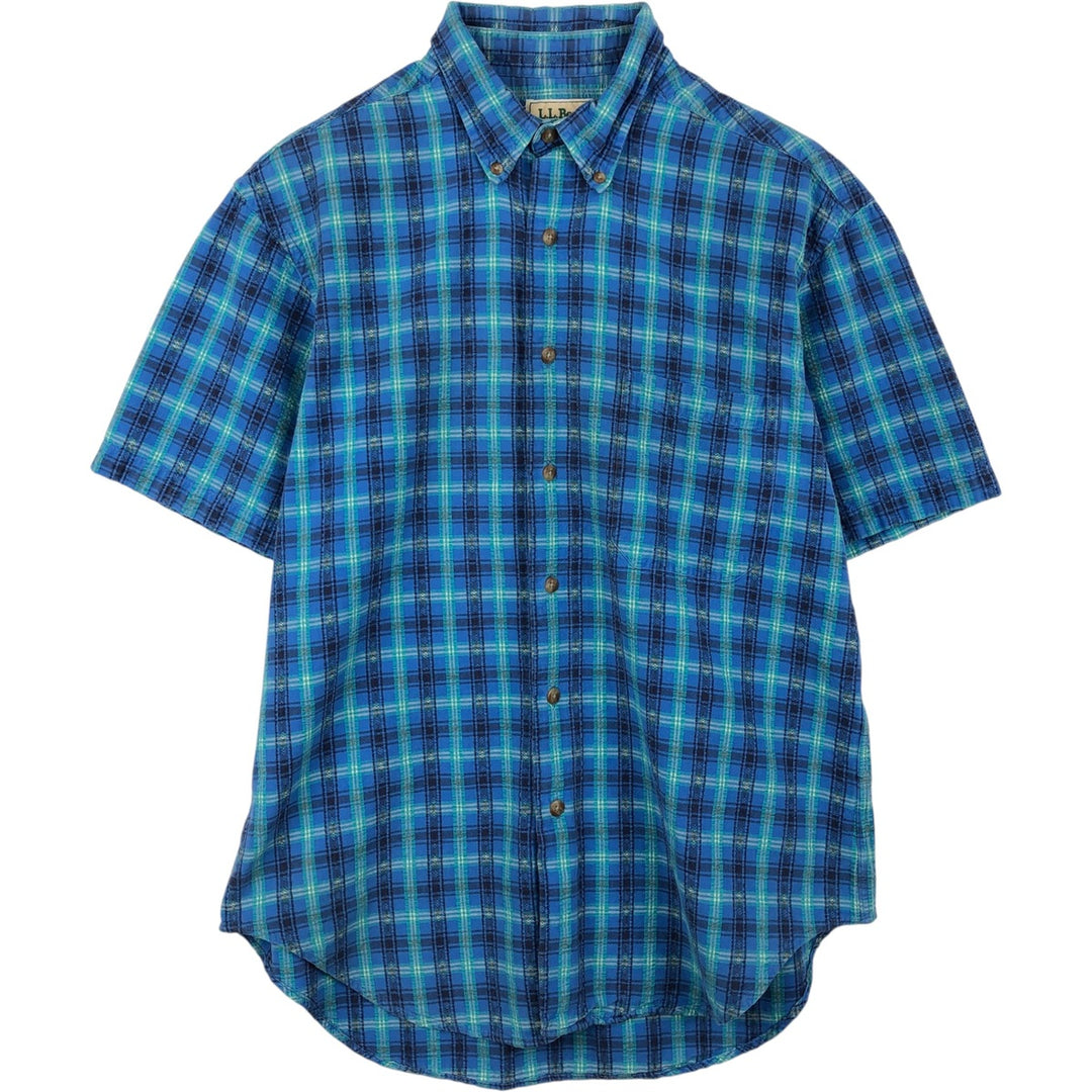 70s-80'S L.L.Bean Seersucker Short-Sleeve Button-Down Check Shirt, Made in USA, Men's Size M (Equivalent), Vintage cotton blue type Vintage Second Hand