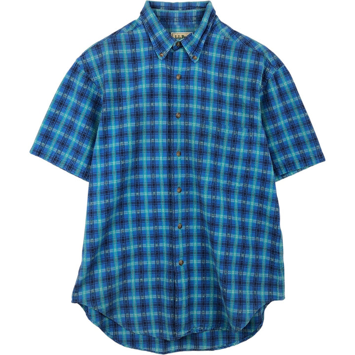 70s-80'S L.L.Bean Seersucker Short-Sleeve Button-Down Check Shirt, Made in USA, Men's Size M (Equivalent), Vintage cotton blue type Vintage Second Hand