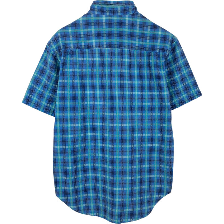 70s-80'S L.L.Bean Seersucker Short-Sleeve Button-Down Check Shirt, Made in USA, Men's Size M (Equivalent), Vintage cotton blue type Vintage Second Hand