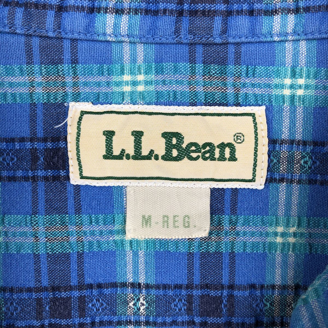 70s-80'S L.L.Bean Seersucker Short-Sleeve Button-Down Check Shirt, Made in USA, Men's Size M (Equivalent), Vintage cotton blue type Vintage Second Hand