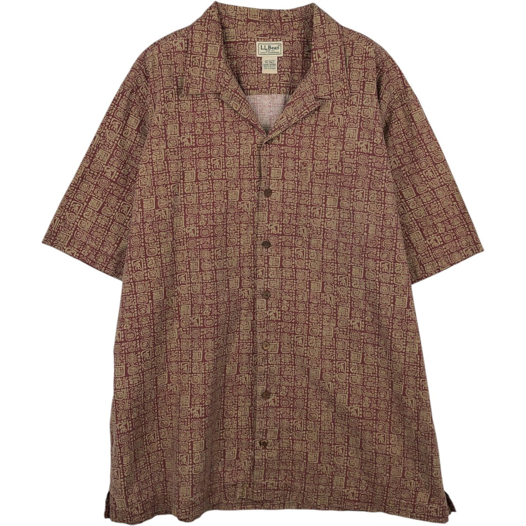 90s-00'S LLBean all-over print short-sleeved open-collar cotton box shirt, men's size XL. Vintage. cotton burgundy type Vintage Second Hand