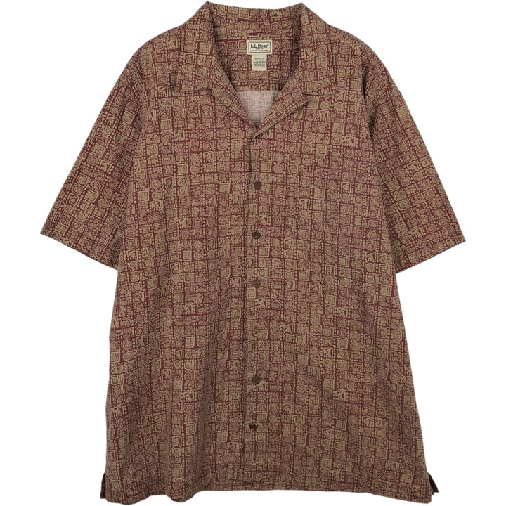 90s-00'S LLBean all-over print short-sleeved open-collar cotton box shirt, men's size XL. Vintage. cotton burgundy type Vintage Second Hand