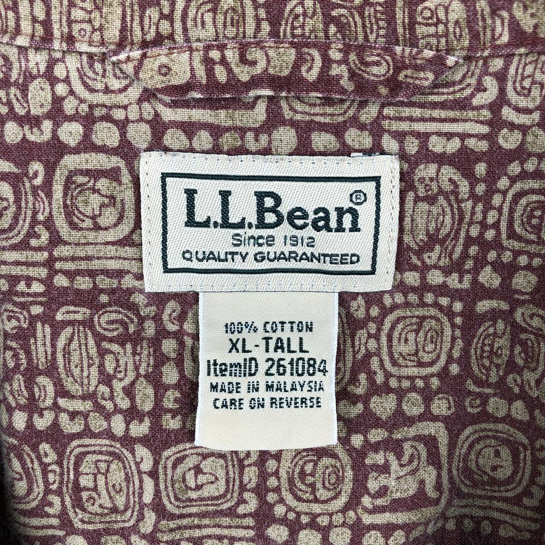 90s-00'S LLBean all-over print short-sleeved open-collar cotton box shirt, men's size XL. Vintage. cotton burgundy type Vintage Second Hand