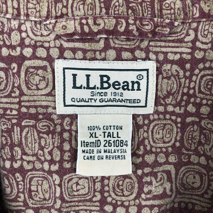 90s-00'S LLBean all-over print short-sleeved open-collar cotton box shirt, men's size XL. Vintage. cotton burgundy type Vintage Second Hand