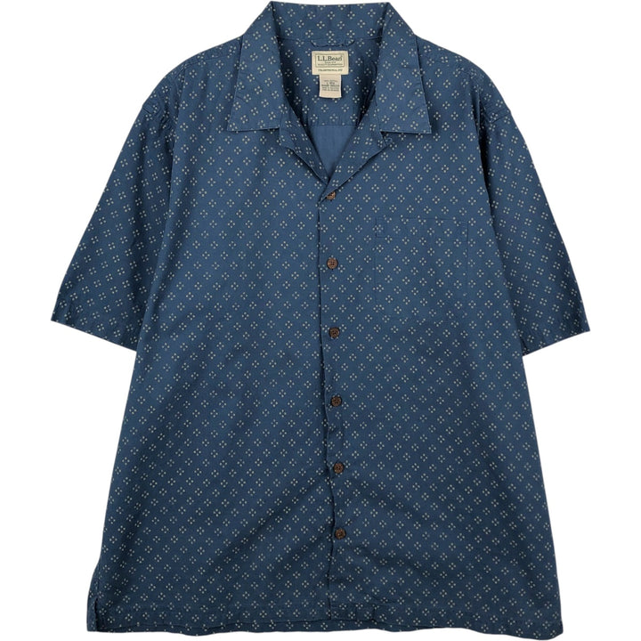 90s-00'S LL Bean Traditional Fit All-Over Print Short Sleeve Open Collar Cotton Box Shirt, Men's Size L cotton navy blue type Vintage Second Hand