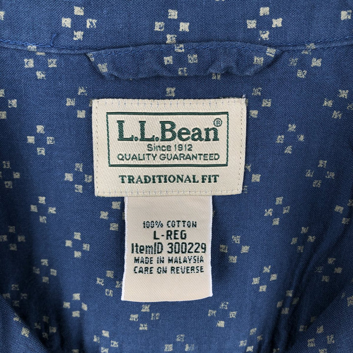 90s-00'S LL Bean Traditional Fit All-Over Print Short Sleeve Open Collar Cotton Box Shirt, Men's Size L cotton navy blue type Vintage Second Hand