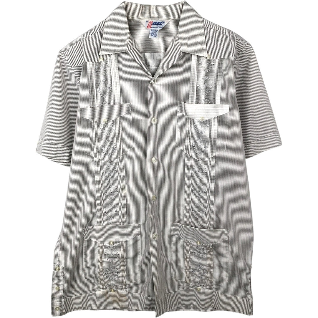 90'S ROMANI Embroidered Stripe Pattern Short-Sleeve Open Collar Mexican Shirt Cuban Shirt Box Shirt Men's Size M polyester white type Vintage Second Hand