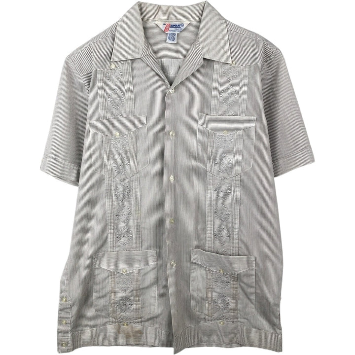 90'S ROMANI Embroidered Stripe Pattern Short-Sleeve Open Collar Mexican Shirt Cuban Shirt Box Shirt Men's Size M polyester white type Vintage Second Hand