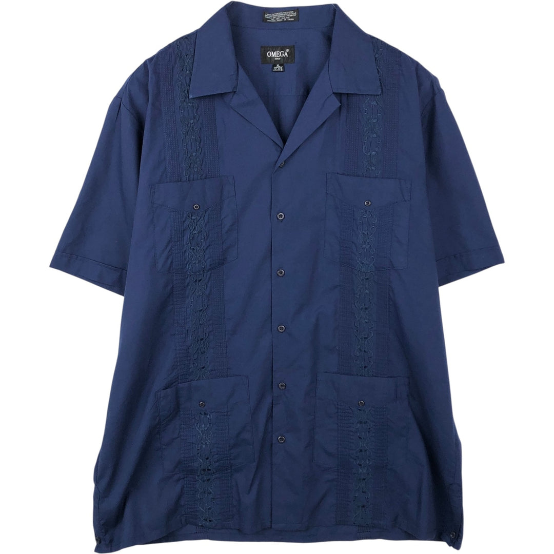 OMEGA Short-Sleeve Open-Collar Mexican Shirt, Cuban Shirt, Boxy Shirt, Men's Size XL cotton blue type Vintage Second Hand