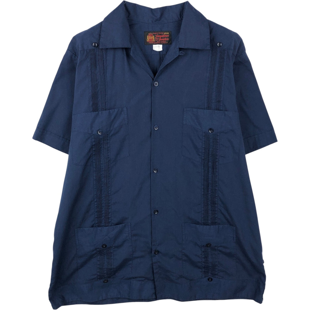 ~90'S GUAYABERAS YUCATECAS Open Collar Short Sleeve Open Collar Mexican Shirt Cuban Shirt Box Shirt cotton navy blue type Vintage Second Hand