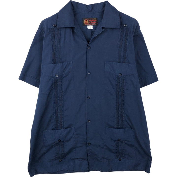 ~90'S GUAYABERAS YUCATECAS Open Collar Short Sleeve Open Collar Mexican Shirt Cuban Shirt Box Shirt cotton navy blue type Vintage Second Hand