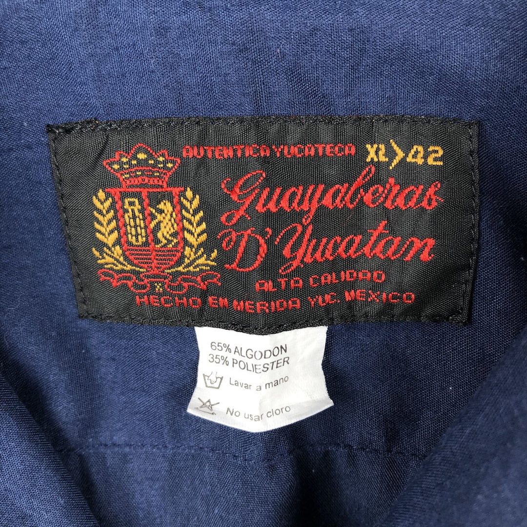 ~90'S GUAYABERAS YUCATECAS Open Collar Short Sleeve Open Collar Mexican Shirt Cuban Shirt Box Shirt cotton navy blue type Vintage Second Hand