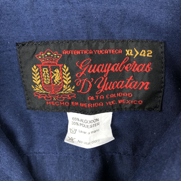 ~90'S GUAYABERAS YUCATECAS Open Collar Short Sleeve Open Collar Mexican Shirt Cuban Shirt Box Shirt cotton navy blue type Vintage Second Hand