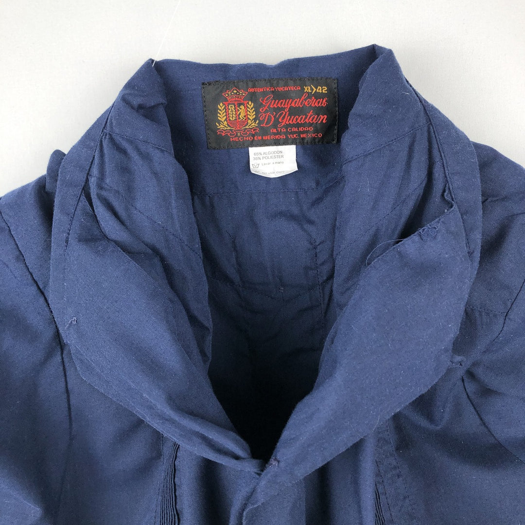 ~90'S GUAYABERAS YUCATECAS Open Collar Short Sleeve Open Collar Mexican Shirt Cuban Shirt Box Shirt cotton navy blue type Vintage Second Hand