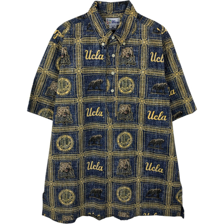90'S Reyn Spooner University of California, Los Angeles Bikini Tag All-Over Print Pullover Button-Down Aloha Shirt cotton navy blue type Vintage Second Hand