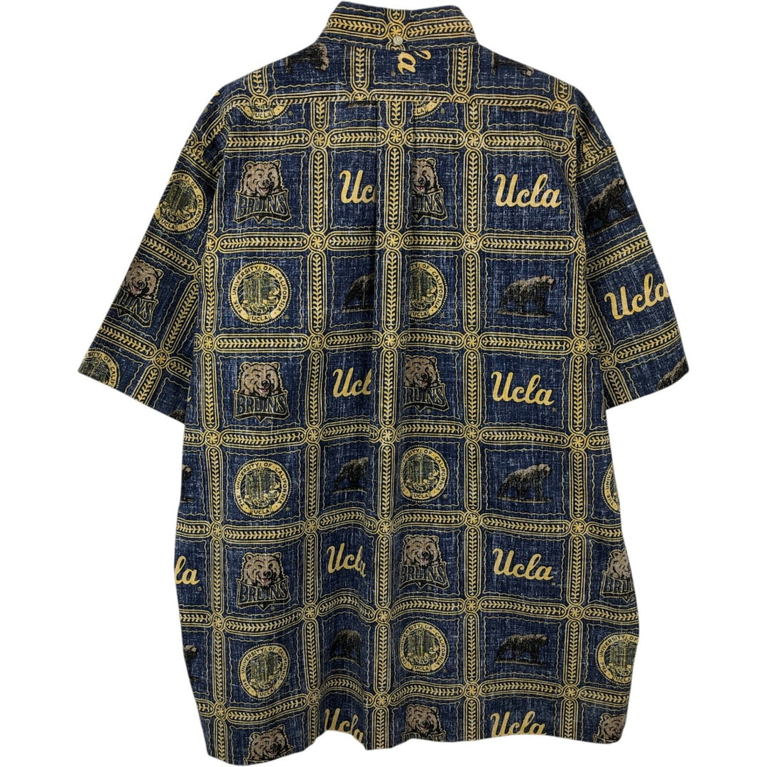 90'S Reyn Spooner University of California, Los Angeles Bikini Tag All-Over Print Pullover Button-Down Aloha Shirt cotton navy blue type Vintage Second Hand