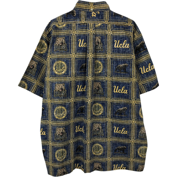 90'S Reyn Spooner University of California, Los Angeles Bikini Tag All-Over Print Pullover Button-Down Aloha Shirt cotton navy blue type Vintage Second Hand