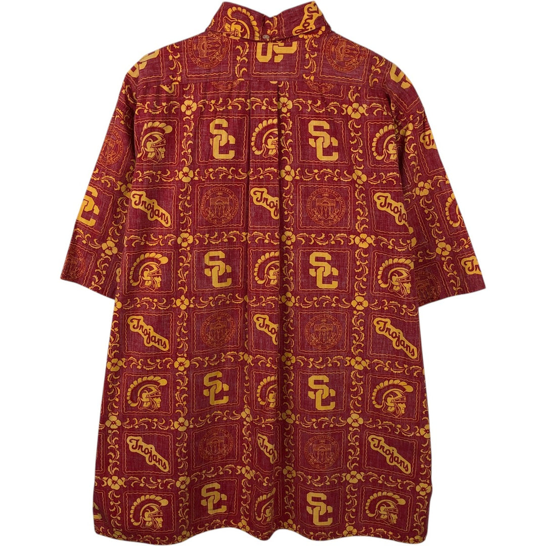 Reyn Spooner TEAM TROJANS all-over print button-down Hawaiian Aloha shirt, boxy style, made in Hawaii, men's size XL equivalent. cotton red type Vintage Second Hand