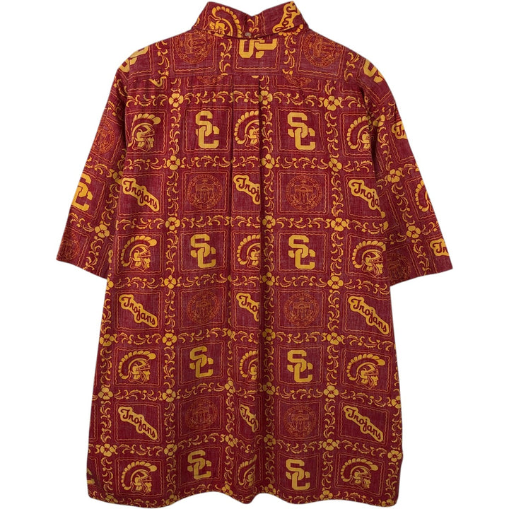 Reyn Spooner TEAM TROJANS all-over print button-down Hawaiian Aloha shirt, boxy style, made in Hawaii, men's size XL equivalent. cotton red type Vintage Second Hand