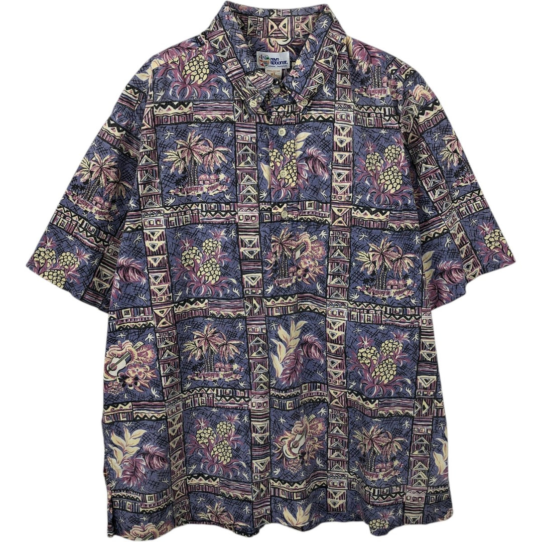 90'S Reyn Spooner swimwear tag, bikini tag, all-over print, button-down, Hawaiian Aloha shirt, boxy shirt, made in Hawaii. cotton purple type Vintage Second Hand