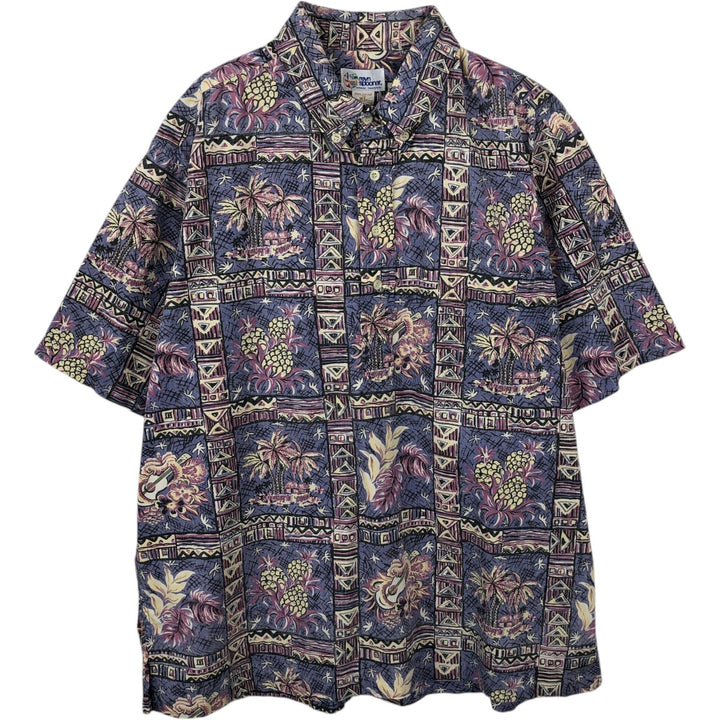 90'S Reyn Spooner swimwear tag, bikini tag, all-over print, button-down, Hawaiian Aloha shirt, boxy shirt, made in Hawaii. cotton purple type Vintage Second Hand