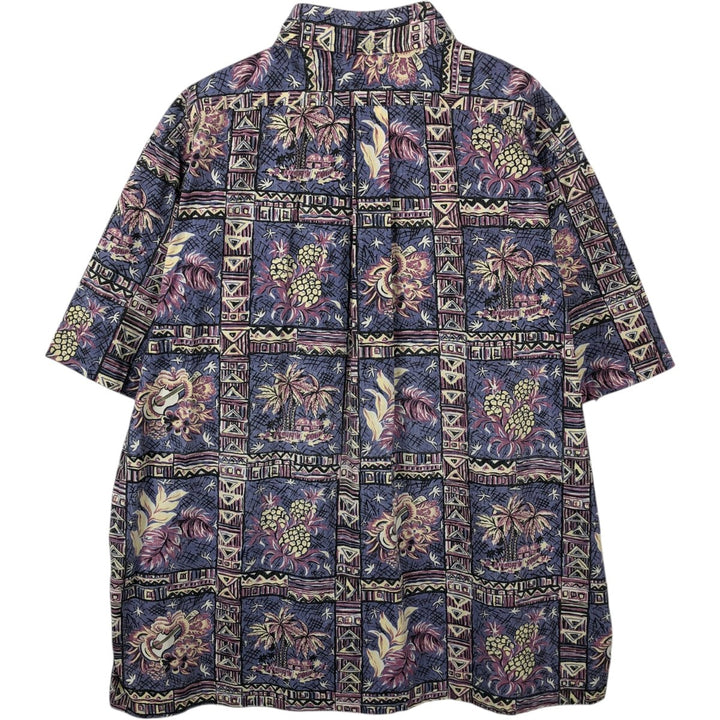 90'S Reyn Spooner swimwear tag, bikini tag, all-over print, button-down, Hawaiian Aloha shirt, boxy shirt, made in Hawaii. cotton purple type Vintage Second Hand