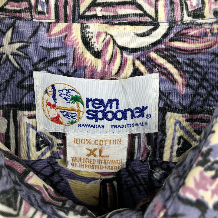 90'S Reyn Spooner swimwear tag, bikini tag, all-over print, button-down, Hawaiian Aloha shirt, boxy shirt, made in Hawaii. cotton purple type Vintage Second Hand