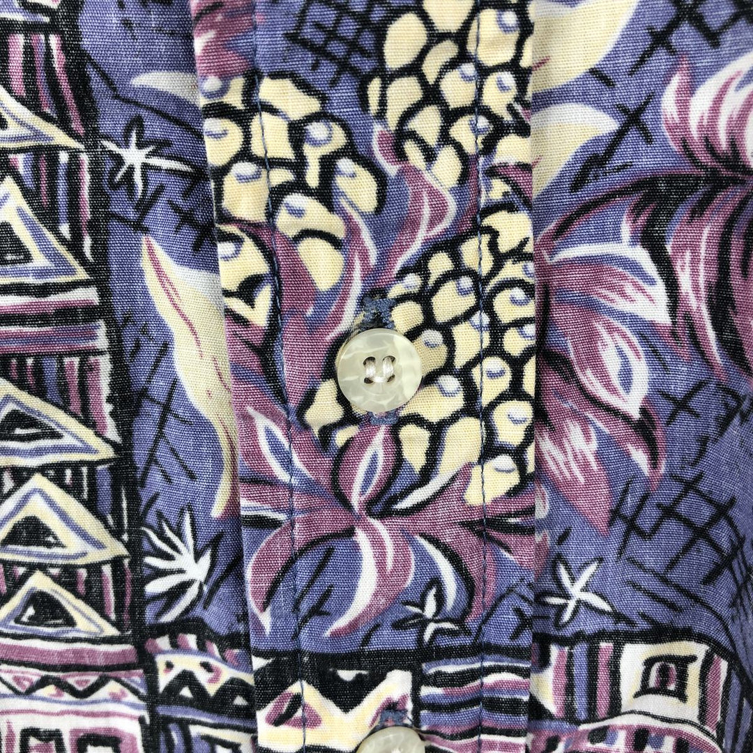 90'S Reyn Spooner swimwear tag, bikini tag, all-over print, button-down, Hawaiian Aloha shirt, boxy shirt, made in Hawaii. cotton purple type Vintage Second Hand